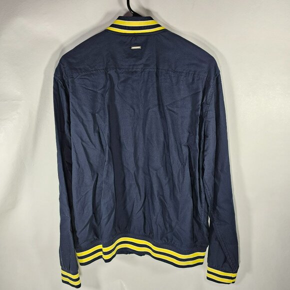 Denim & Flower Ricky Singh Bomber Jacket Mens Size L Navy Blue w/ Yellow Stripes - Picture 7 of 10